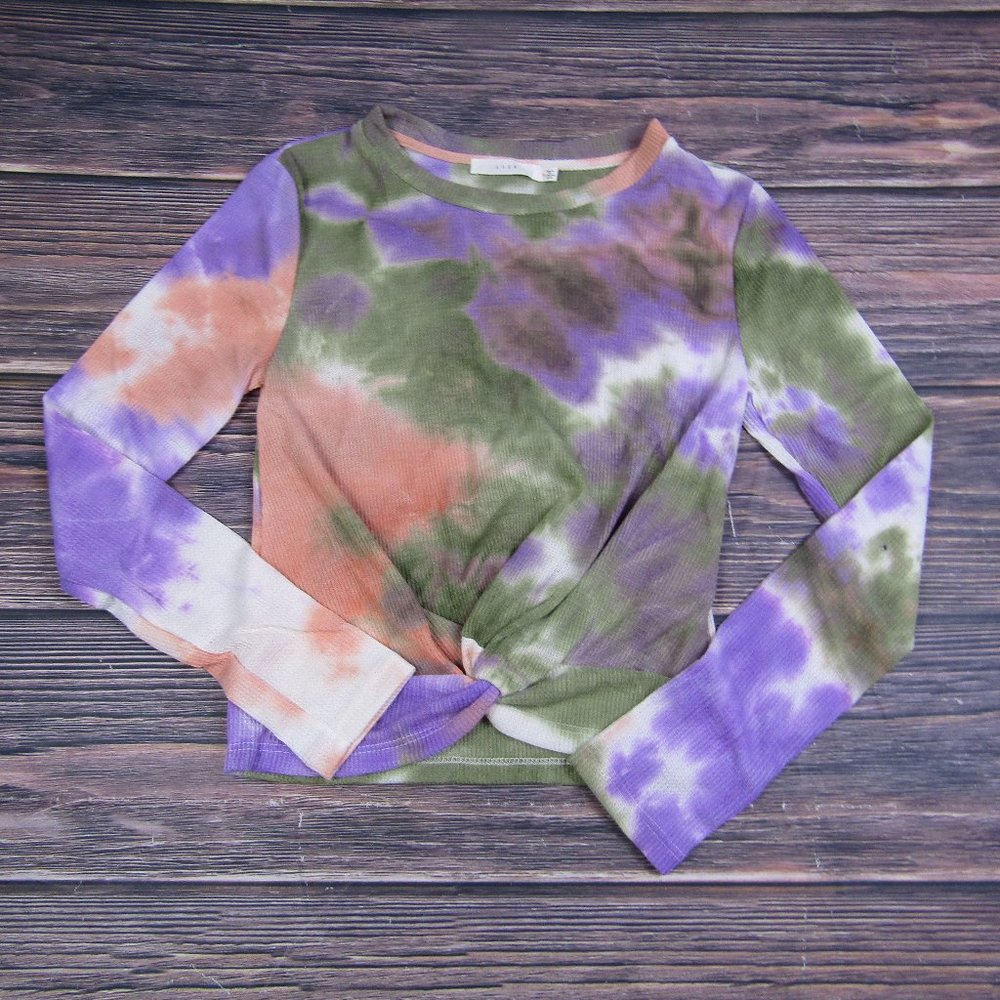 Lush NEW Small Tie Dye Twist Tie Front Crewneck Waffle Knit Top Shirt